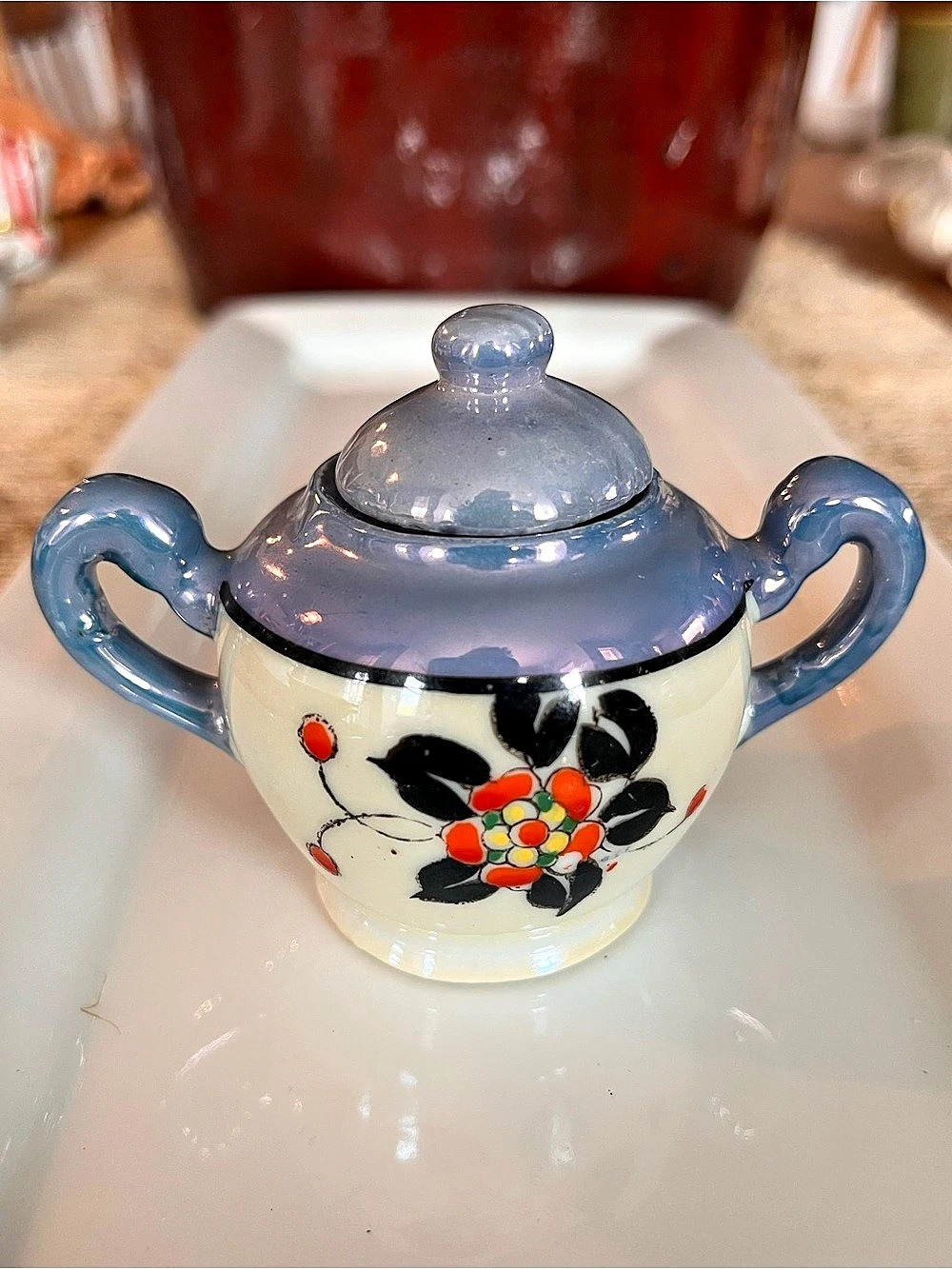 Vintage Japan Floral Sugar Bowl Floral Blue & Cream Teapot